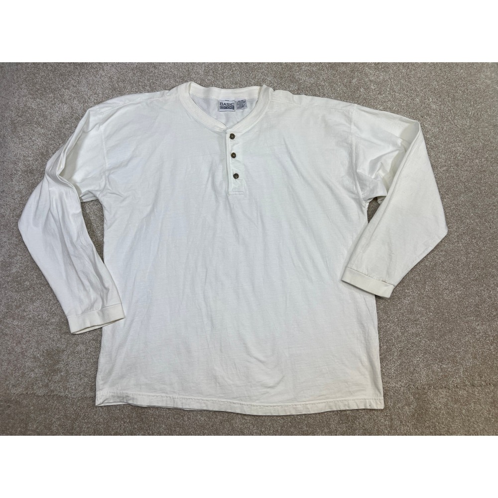 Vintage 90s Basic Editions Mens Cream Long Sleeve Henley Shirt Size 2XL *Read